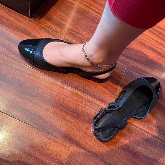 Black Women's Slingback Flats - Classic Patent Toe - Picture 1 of 5